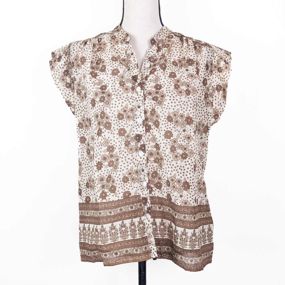 NWT Blue Boheme Carla Short Sleeve Cotton Blouse, Camel